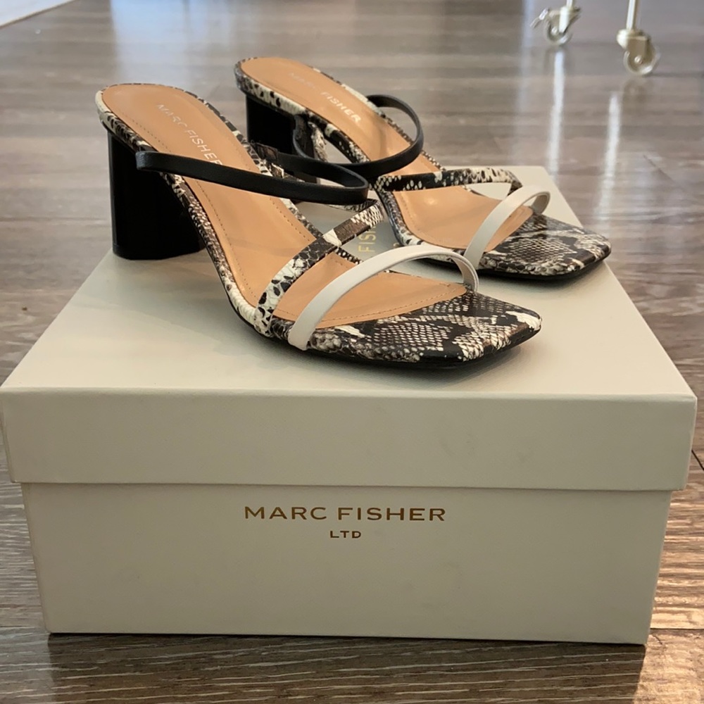 Marc Fisher Black and White Snakeskin Heeled Sandals